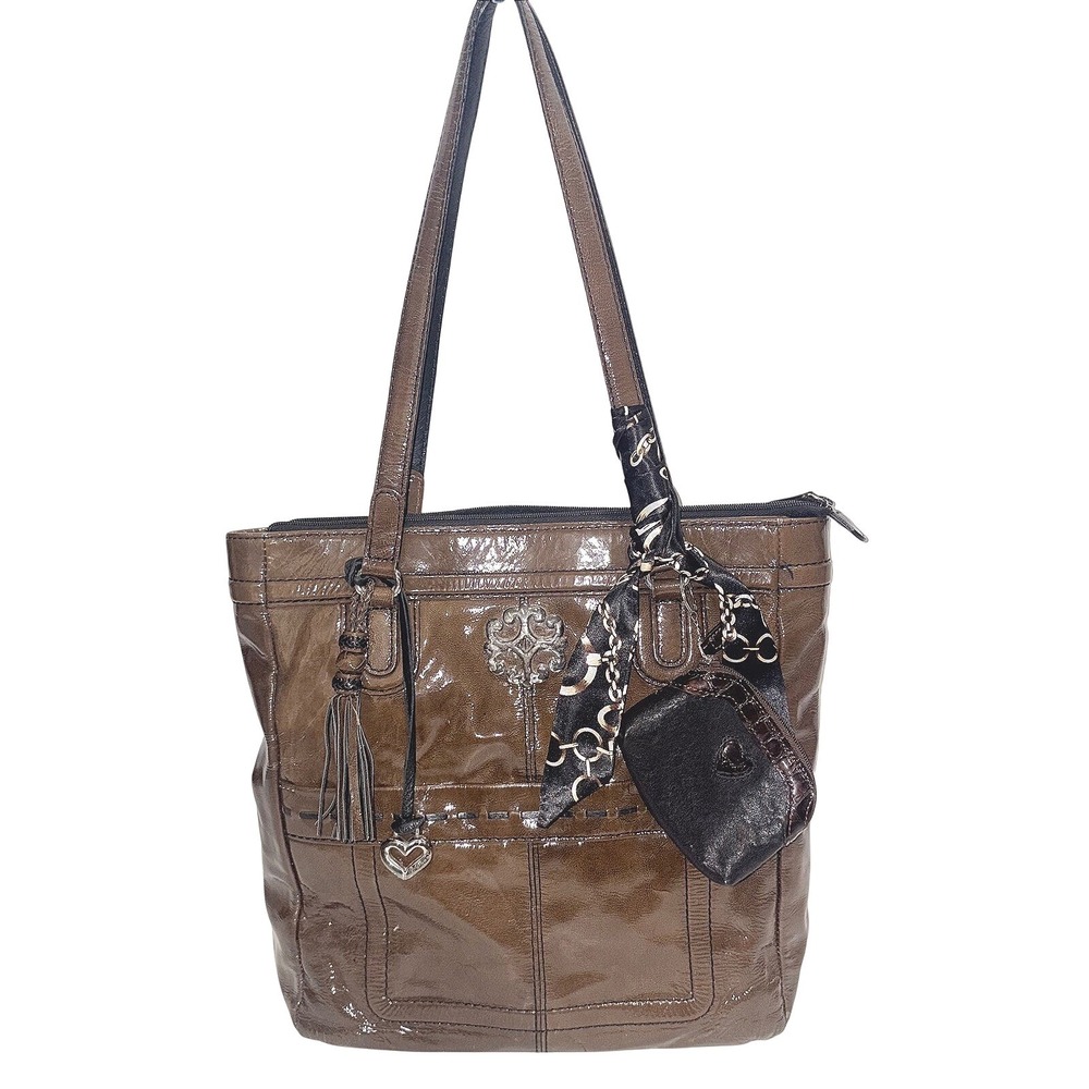 Brighton Brown Patent Leather Tote Bag Scarf Tassel Heart Charm